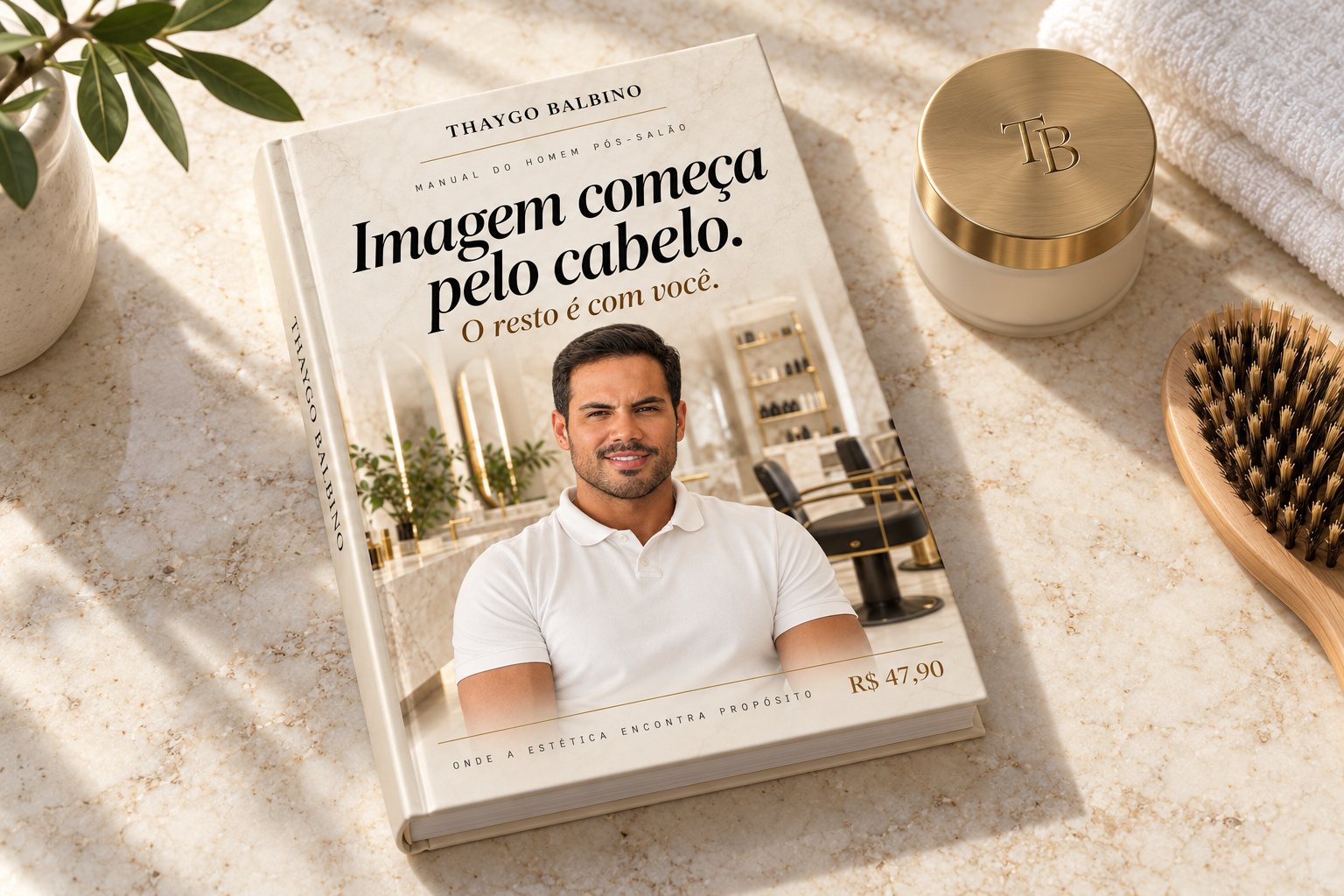 Livro com a foto de Thaygo Balbino sobre bancada clara, ao lado de um pote de cera e uma escova de madeira